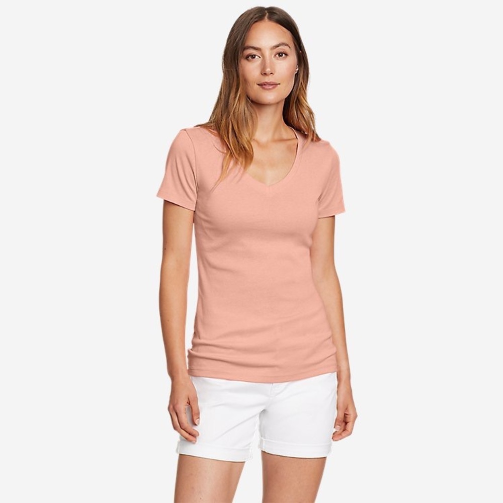 {EXCELLENT} [Eddie Bauer] {Salmon} [Favorite Short Sleeve V-Neck T-shirt]{Large}